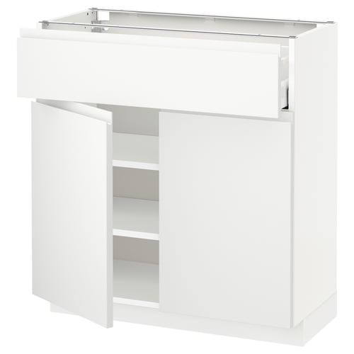 METOD white minimalist kitchen unit with drawer and shelves, modern design.