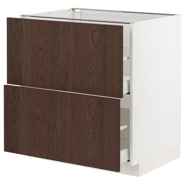 White ikea METOD kitchen unit, dark brown wood, two drawers.