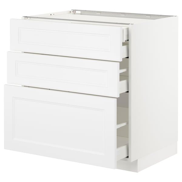 Displays the METOD kitchen cabinet in white, featuring three drawers with a clean, minimalist design.