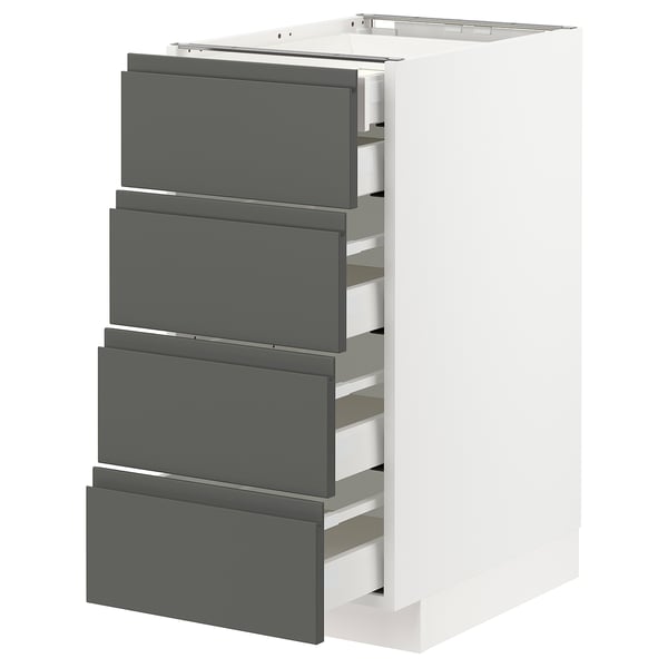 METOD kitchen unit: 4 grey drawers, white base, sleek, modern.