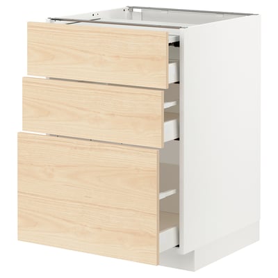 White METOD cabinet with light ash drawers, three visible, smooth, light wood pattern.