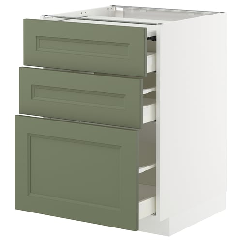 A grey-green METOD kitchen cabinet with three drawers and a pull-out surface, featuring a modern timeless design.
