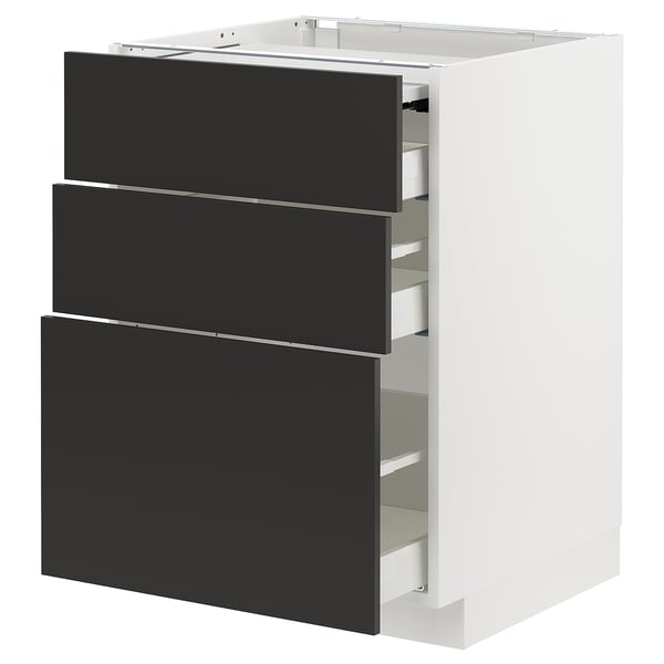 METOD kitchen unit with three grey drawers, modern and sturdy design.