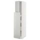 A tall, white METOD kitchen cabinet with a modern, minimalist design, featuring multiple shelves behind grey-toned doors.
