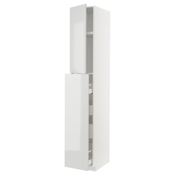 White high cabinet with glass doors and shelves.