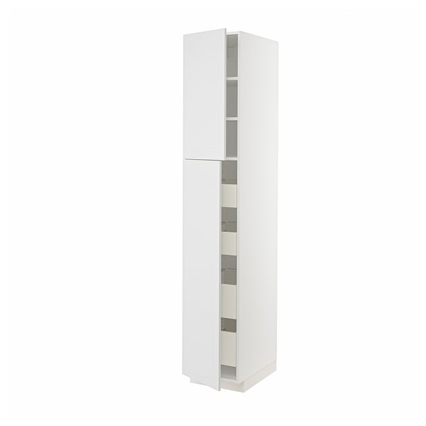 White METOD kitchen cabinet, tall, modern design with adjusting doors.