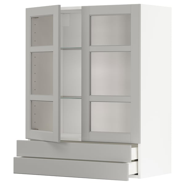 White METOD kitchen unit with glass doors and drawers, traditional design.
