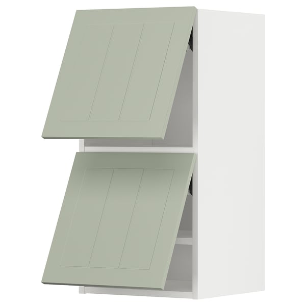 Green METOD kitchen cabinets with flat panel design, stacked two high.