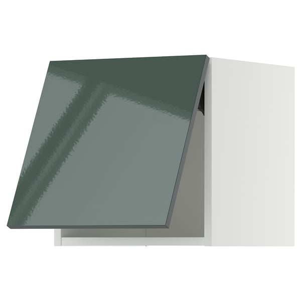 Modern kitchen cabinet, high-gloss grey-green, angular design. 25 yr guarantee.