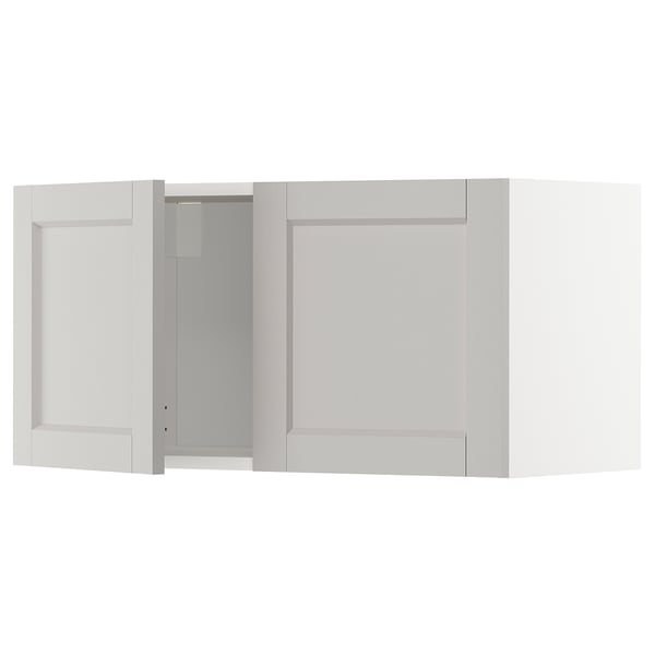 METOD kitchen cabinet: white, square, bevelled edges, with one open door, solid birch frame.