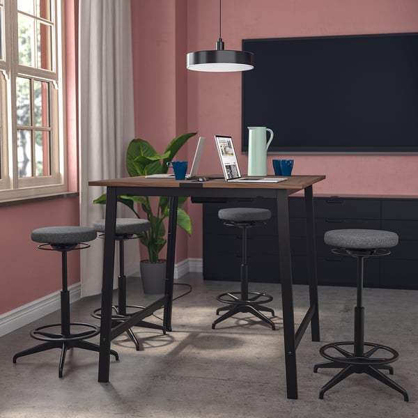 MITTZON high conference table with stools in modern office, wooden top, black legs, spacious, tall.