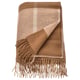A folded MYRULL throw blanket, light brown with a herringbone pattern and fringe edges, made of 100% wool.