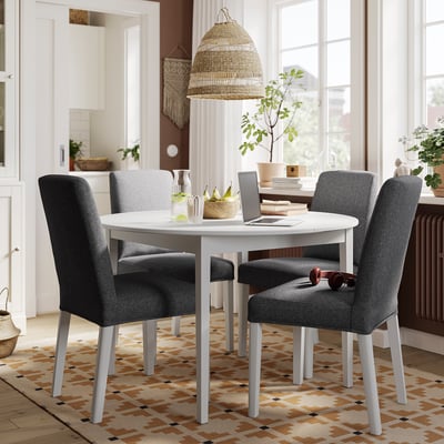 NÄSINGE / BERGMUND Table and 4 chairs, white/Gunnared medium grey white, 120 cm