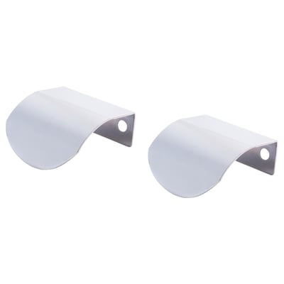Two silver, metal, curved mirror shields with holes, reflective side out.