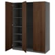 PAX wardrobe with dark brown wood doors and gray shelves.