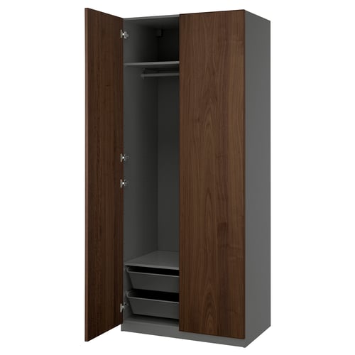 PAX wardrobe: tall, dark wooden, grey interior, soft close doors, mesh baskets, hanging rail.