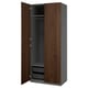 PAX wardrobe: tall, dark wooden, grey interior, soft close doors, mesh baskets, hanging rail.