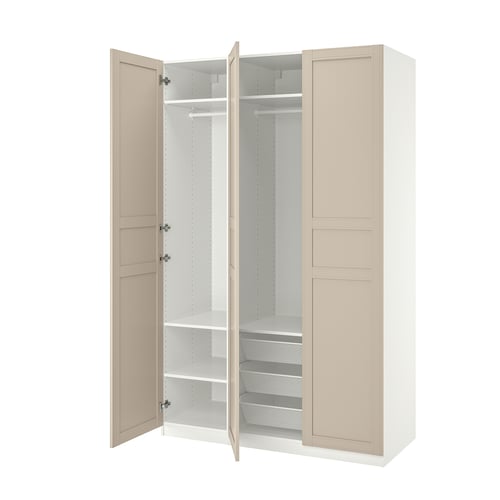 PAX wardrobe: light beige, tall, rectangular; open doors revealing shelves and rail.