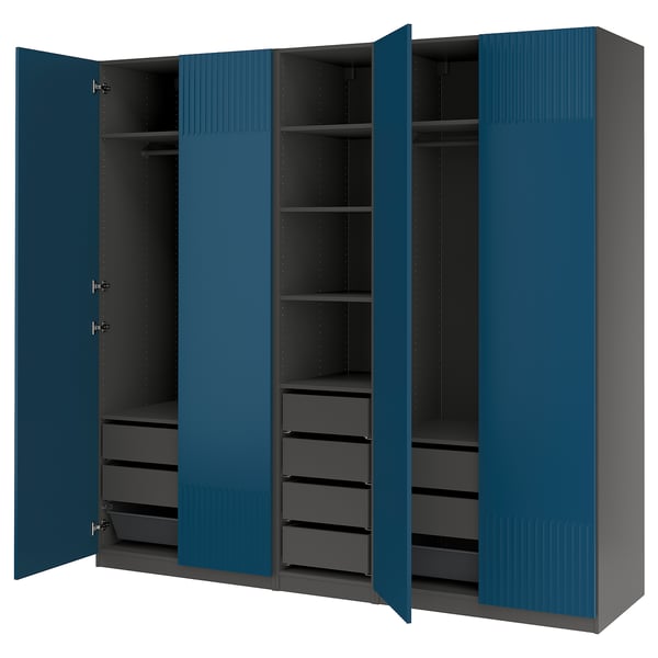 Blue PAX wardrobe with shelves and drawers, modern design.