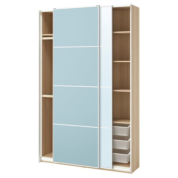 A PAX wardrobe with light blue mirrored doors, wooden shelves, and mesh drawers.