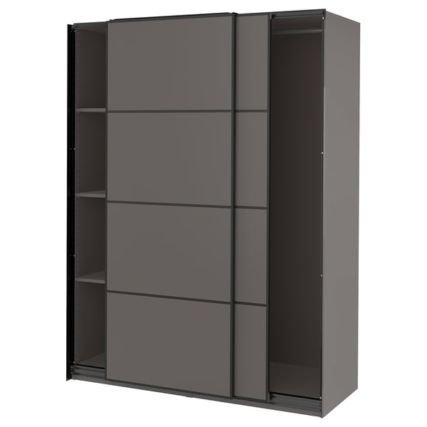 A modern dark gray sliding wardrobe named PAX. It sleek, minimalist design with two sliding doors and multiple shelves inside.