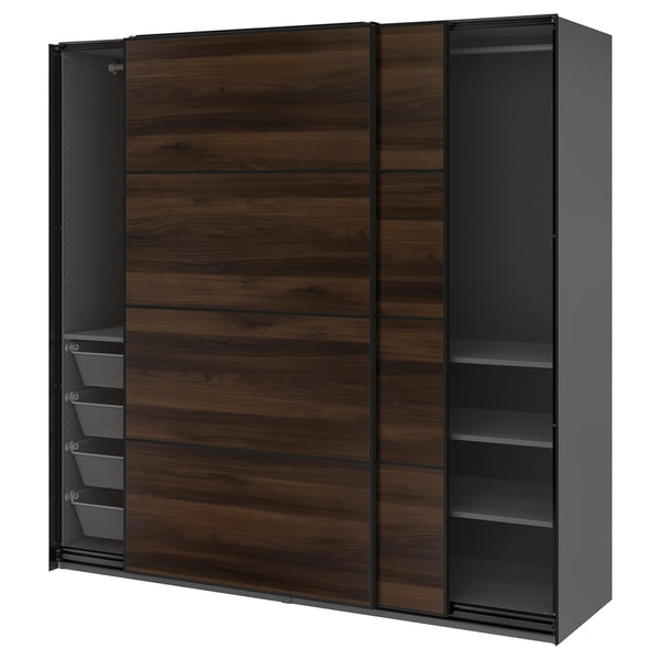PAX / MEHAMN Wardrobe with sliding doors, dark grey black/double sided dark brown oak effect, 200x66x201 cm