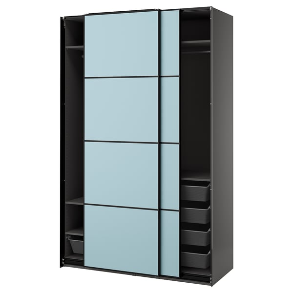Modern wardrobe featuring light blue panels and black frame, sliding doors, and mesh storage baskets.