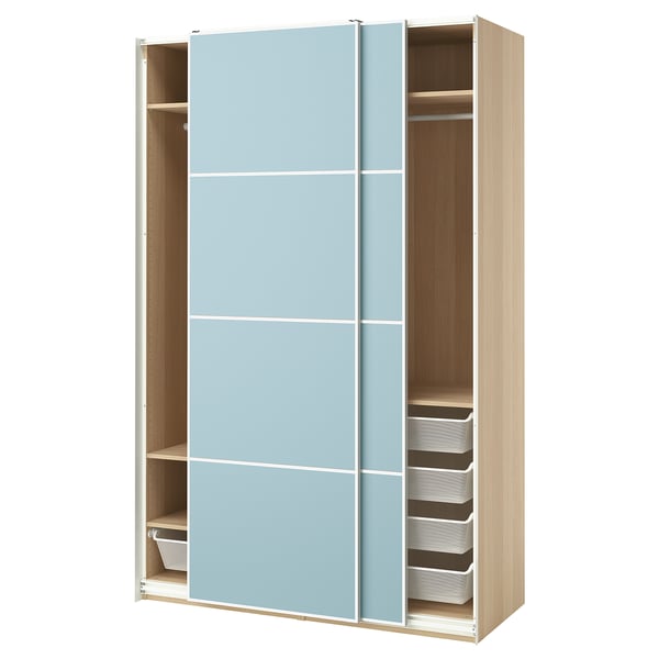 A light blue ikea PAX wardrobe with sliding doors and storage compartments.