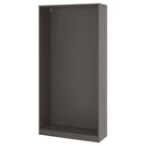 Grey PAX wardrobe frame. Minimalist design, rectangular shape. No doors, shows empty interior. Ideal for limited space.