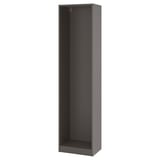 A grey PAX wardrobe frame. Its tall, slim, and designed for easy assembly. The design is minimalist with a foldable construction.