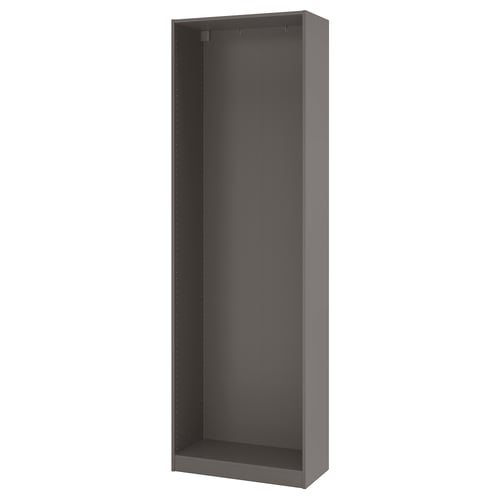 Displays an empty PAX wardrobe frame, grey, with a rectangular shape and foldable construction. It stands upright, ready for assembly.