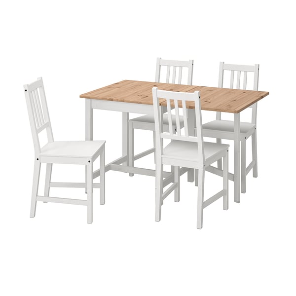 A white IKEA PINNTORP dining set with a wooden top table and four matching chairs. The set has a simple and fresh design, ideal for small spaces.