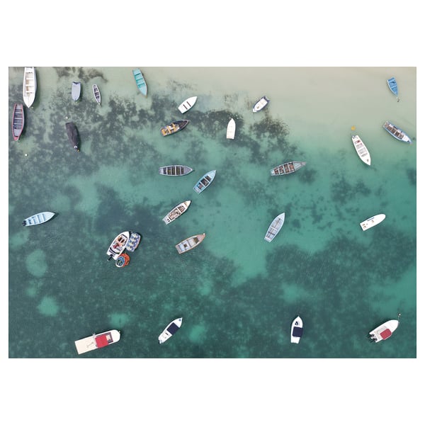 PJÄTTERYD: aerial boats scene. Beautiful turquoise water with boats. Personalise poster, polyester.