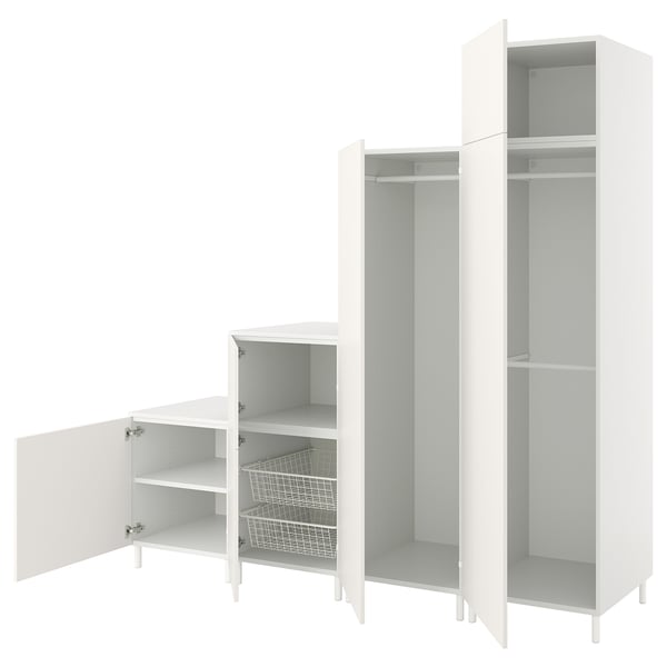 White PLATSA storage unit with shelves, cabinets, and wardrobe, modern minimalist design.