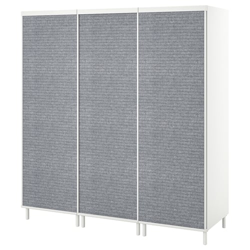 Modern white cabinet with grey textured sliding doors, adjustable feet, minimalist design.