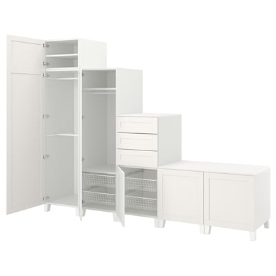 White PLATSA storage unit set, including wardrobe, chest, and bench, all with clean, minimalist design.