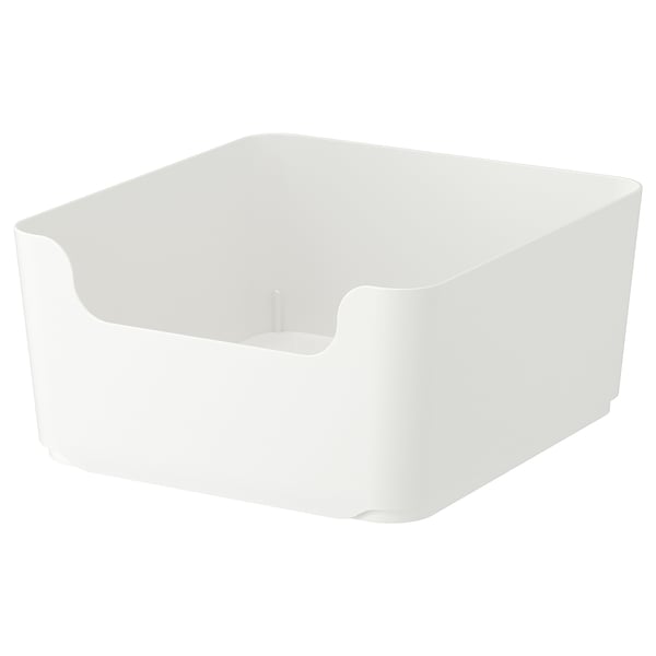 White plastic storage box, square shape, rounded corners.