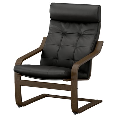 A modern black leather armchair named POÄNG with a wooden frame, designed for comfort and relaxation.