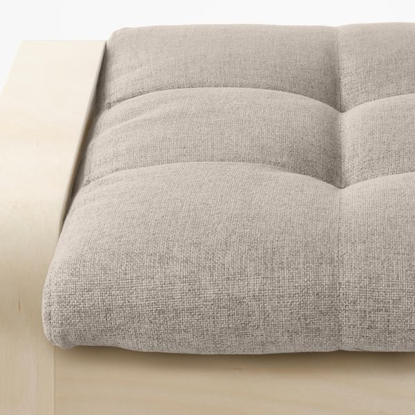 Soft grey cushion on wooden base, part of POÄNG series.