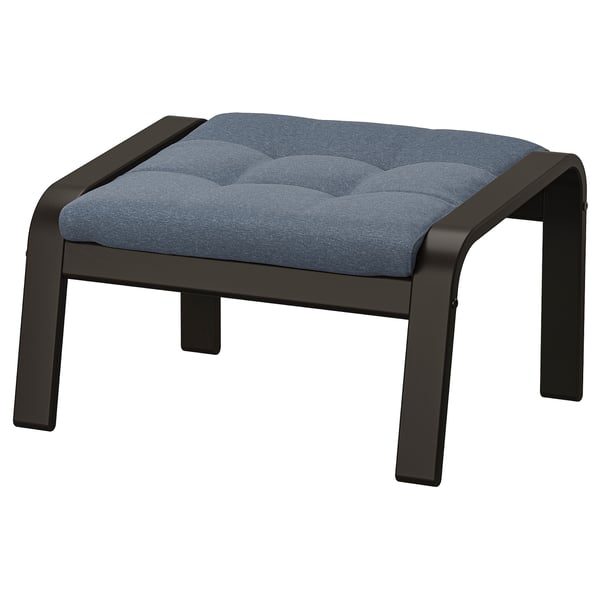 POÄNG footstool, blue cushioned, black wooden frame, tufted design.