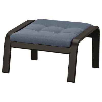 POÄNG footstool, blue cushioned, black wooden frame, tufted design.