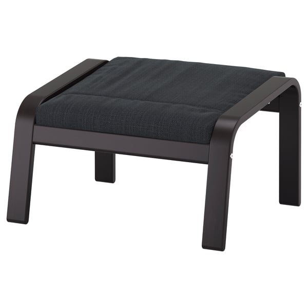 Image shows a black poang footrest with dark grey cushion, sleek curved design, and sturdy wooden frame.