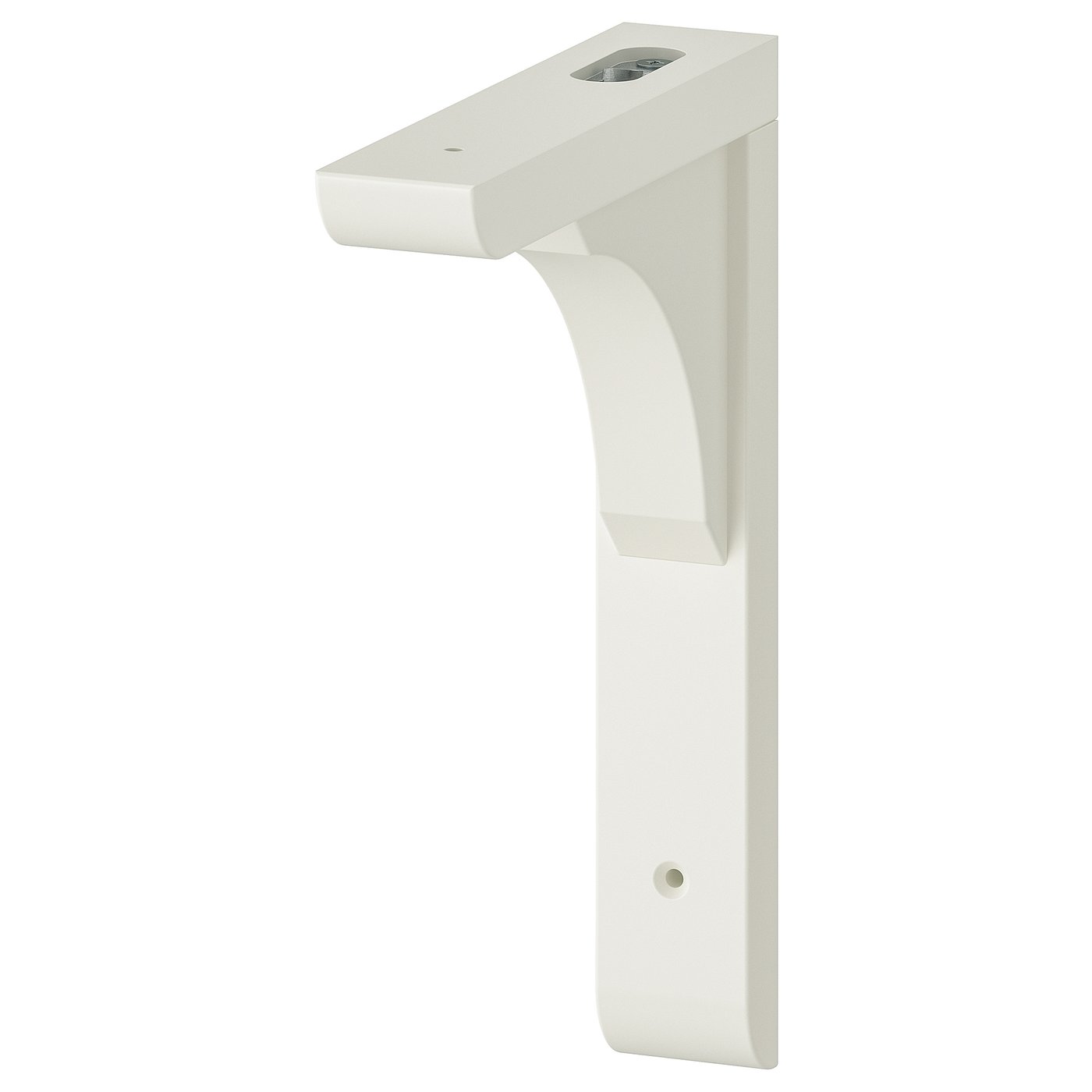 A white RAMSHULT bracket, suitable for 20 or 30 cm deep shelves. Made of acrylic paint and fiberboard, its versatile and easy to mount.