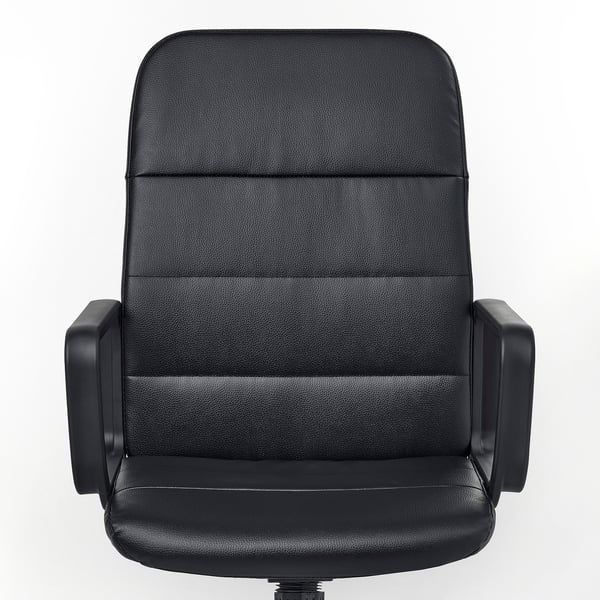 Black office chair with padded seat and armrests, designed for ergonomic comfort.