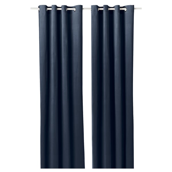 Sane blue cotton velvet curtains with eyelets for modern decor.
