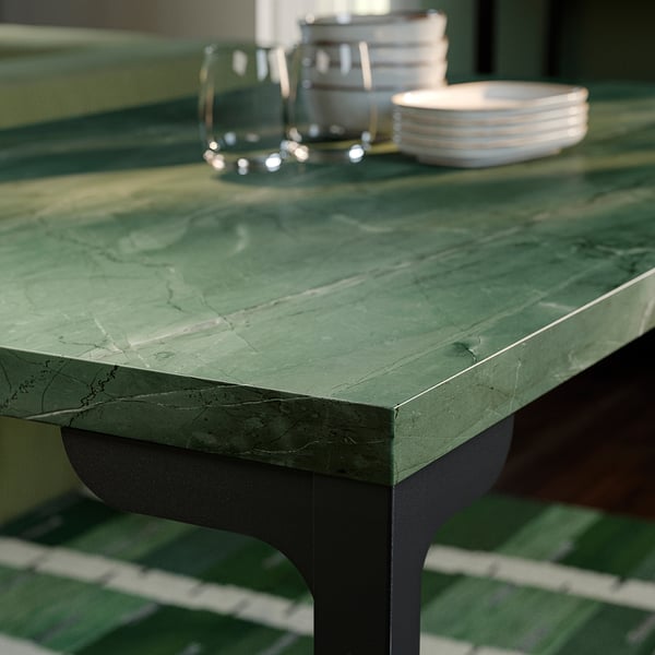 SKÅLSTA Table, dark grey-green marble effect/straight black-grey, 140x80 cm