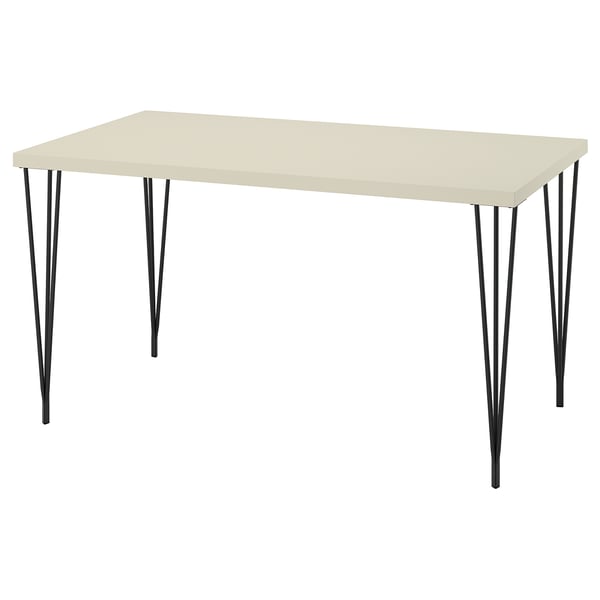 SKÅLSTA table, beige, rectangular top, black metal hairpin legs, minimalist design.