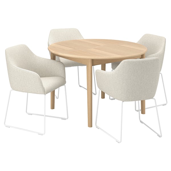 SKANSNÄS: modern 4-seat dining set with light wood table and upholstered chairs. Round design.