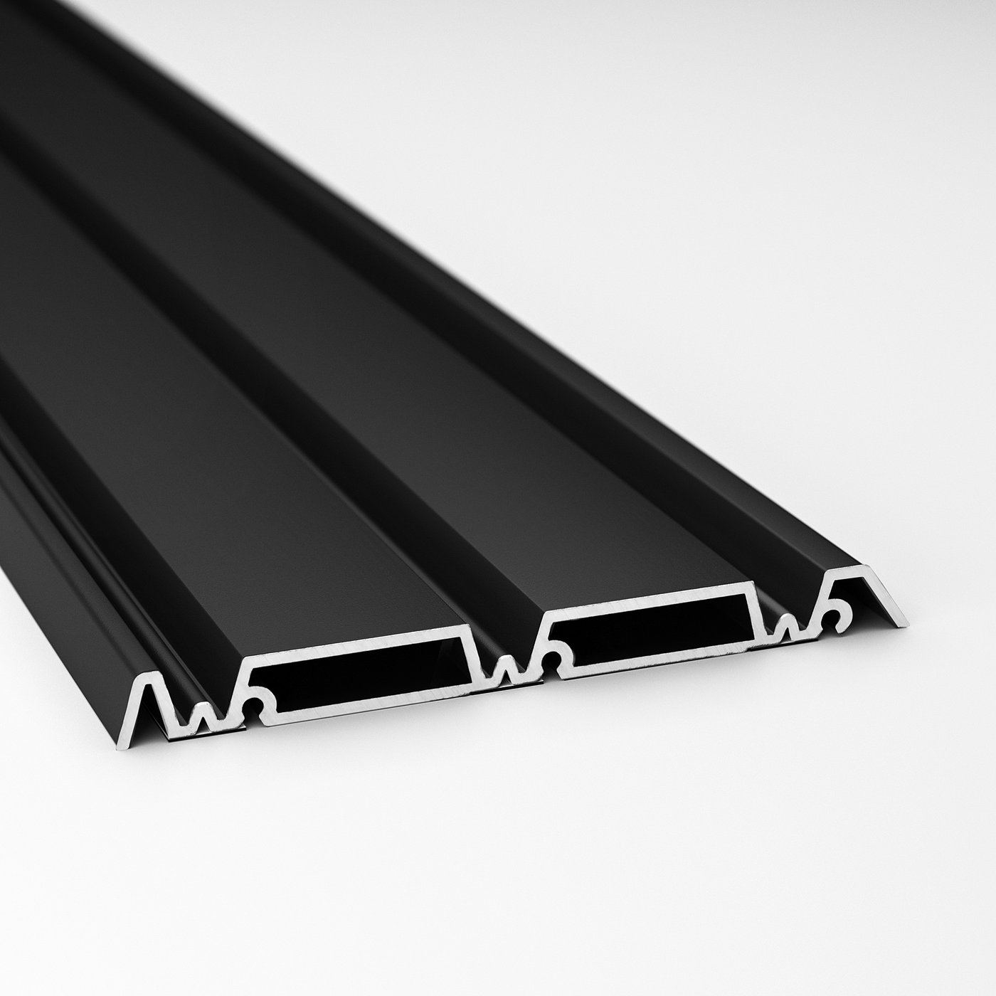 Three black metal rails, neatly arranged, showcasing sleek design and robust quality, ideal for sliding door systems.