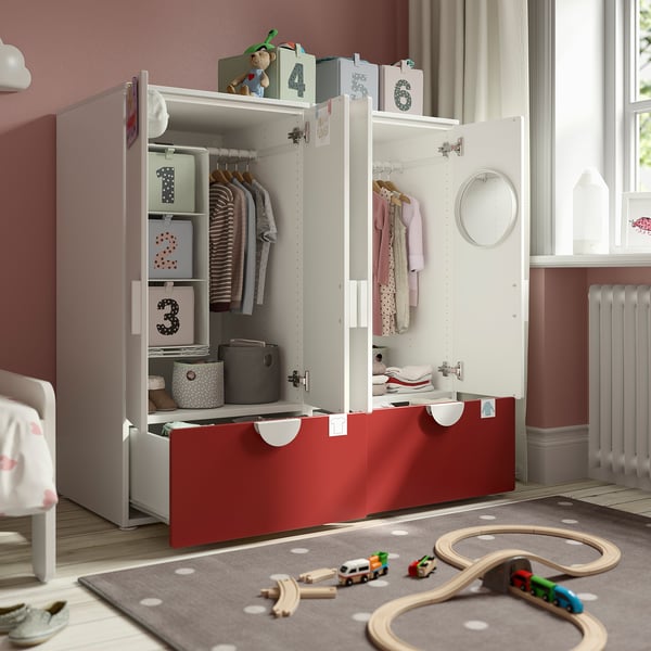Kids wardrobe with colourful drawers and shelves, neatly organising clothes and toys.